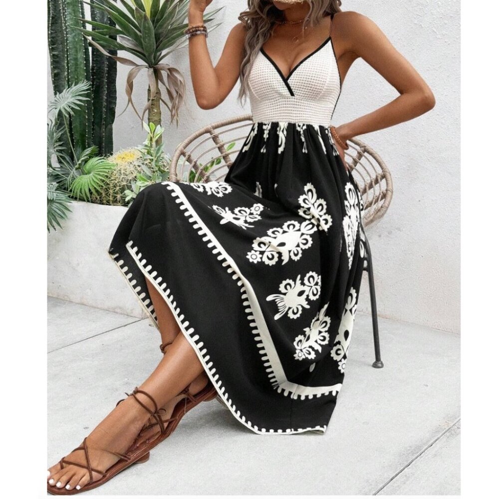 LAST ONE ๐ฅ Boho Tribal Print Cami Dress Black/White - Picture 4 of 8